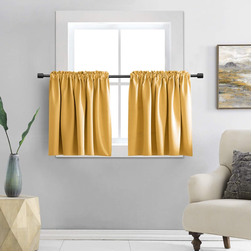 DONREN 24 Inch Gold Yellow Small Window Curtains - Blackout Room Darkening Curtain Tiers with Rod Pocket,Set of 2 Panels - Image 1